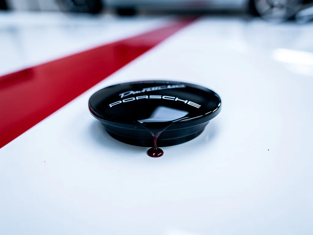Porsche motorolie dop in close-up met druppel bloedrode olie op witte werkbank met diagonale rode streep
